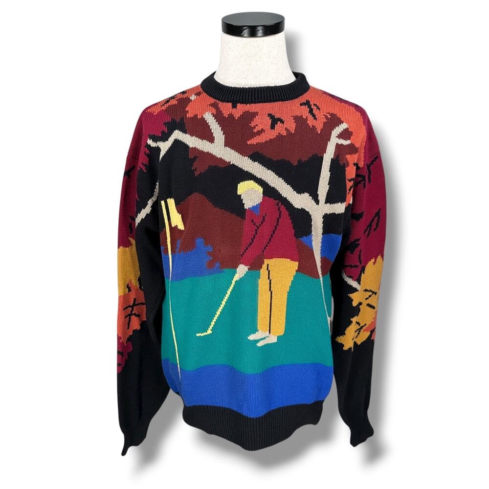 Vintage Golden Bear Jack Nicklaus Golfer Sweater Men’s Large AOP 90s Colorful‎